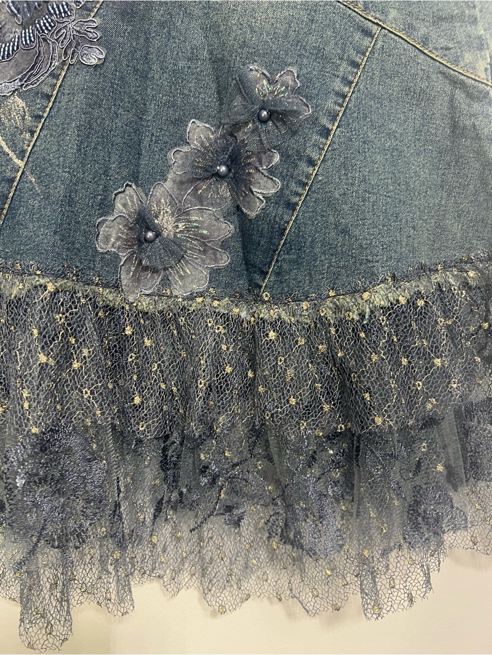 Y2K Beaded Denim Midi Skirt w/Lace Ruffle & Floral Embroidery Boho Whimsy - Picture 11 of 14